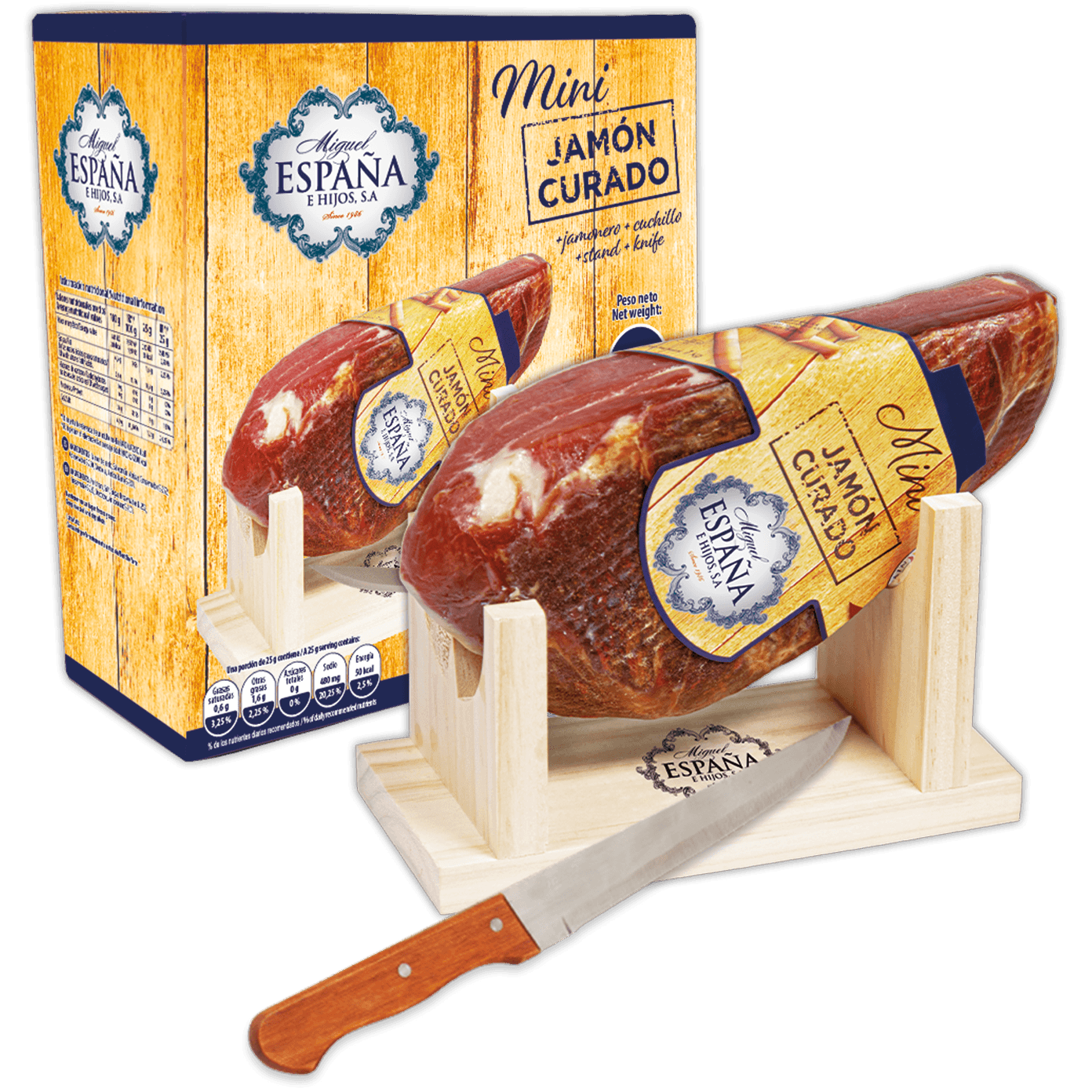 Kit Mini Jamón Curado + Jamonero + Cuchillo